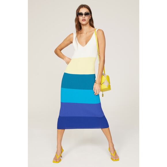 STAUD Blue White Colorblock Stripe Sleeveless V-Neck Dana Midi Dress Size Small - Picture 2 of 15